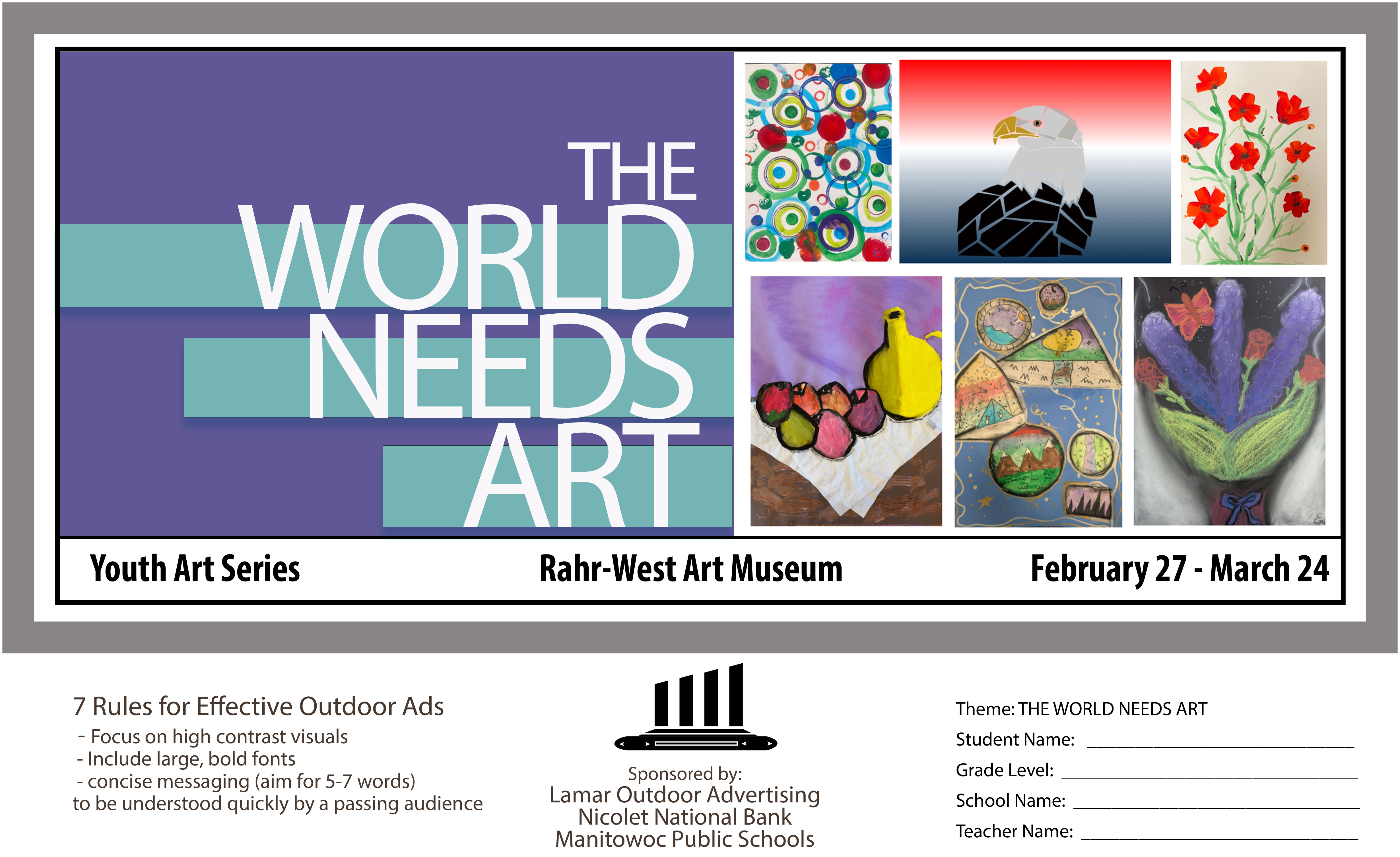 mock up of the elementary school billboard with 6 different students artwork