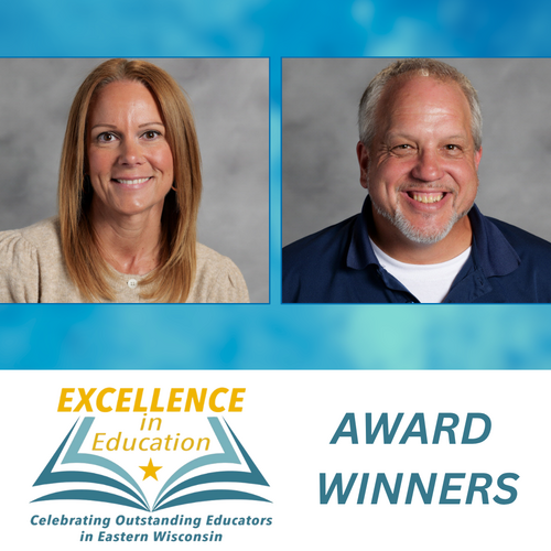 Two side-by-side staff portraits of Tara Foytik, Dean of Students at Jefferson Elementary, and Mark Romatowski, Social Studies teacher at Lincoln High School, above a graphic reading “Excellence in Education Award Winners.”