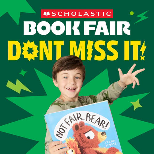 Scholastic Book Fair. Student holding a book on a green background