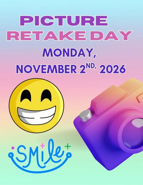 picture retake day. smile. camera and yellow smiley face