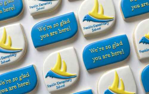 Decorated cookies with Franklin logo and messages such as We are so glad you are here
